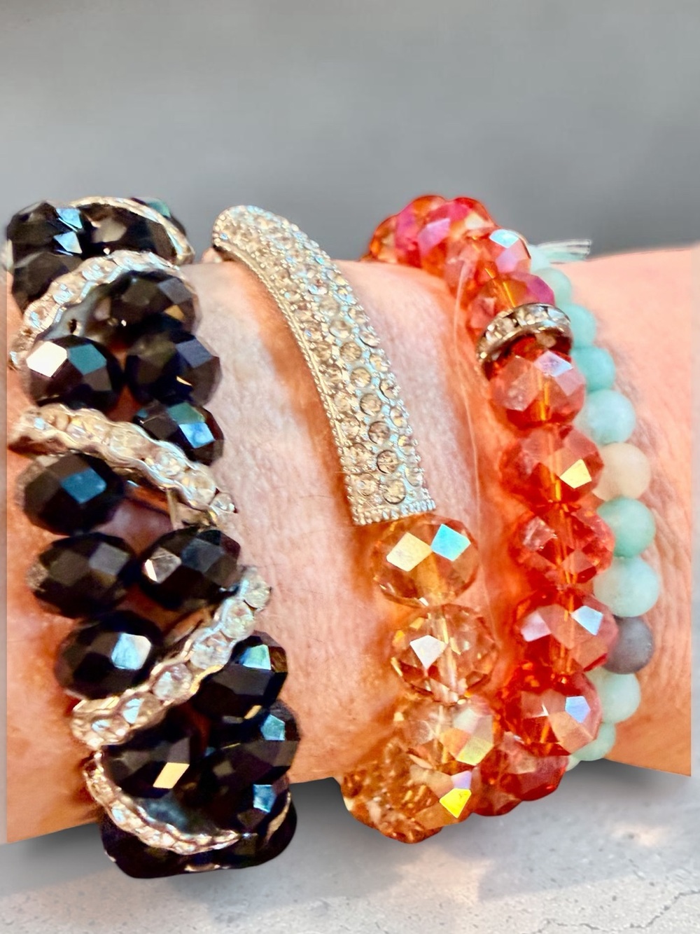 Set of 4 Colorful Beaded Stretch Bracelets Turquoise Orange Black